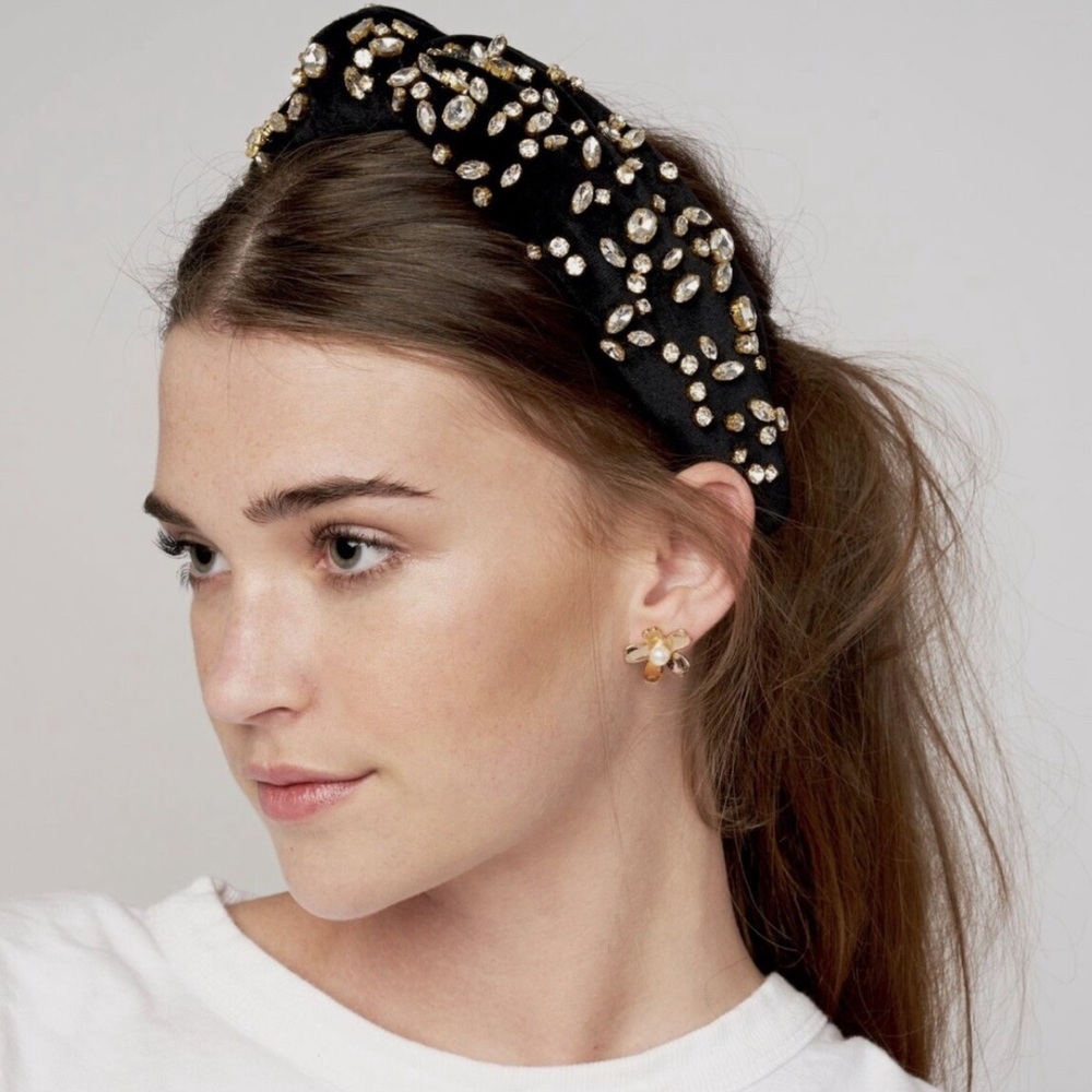Lele Sadoughi Mixed Crystal Jet Black Velvet Knot Headband, with Dust Bag